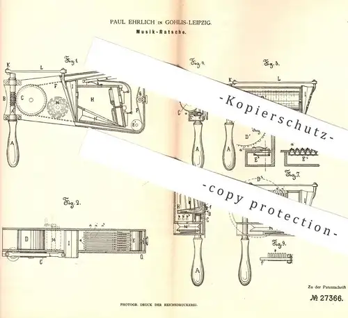 original Patent - Paul Ehrlich , Leipzig / Gohlis , 1883 , Musik - Ratsche | Musikinstrument | Musikwerk , Ratschen !!