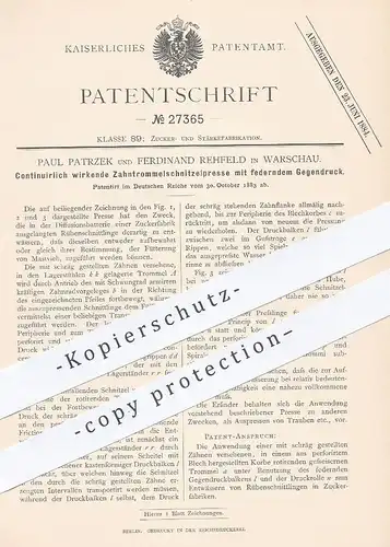 original Patent - Paul Patrzek , Ferdinand Rehfeld , Warschau , 1883 , Zahntrommelschnitzelpresse | Presse , Zucker !!!
