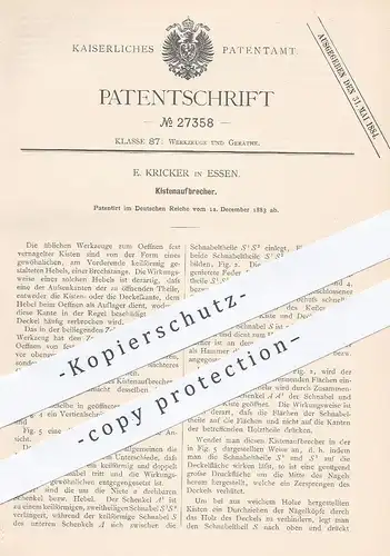 original Patent - E. Kricker , Essen , 1883 , Kistenaufbrecher | Werkzeug , Hebel , Brechstange , Stange !!