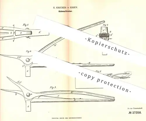 original Patent - E. Kricker , Essen , 1883 , Kistenaufbrecher | Werkzeug , Hebel , Brechstange , Stange !!