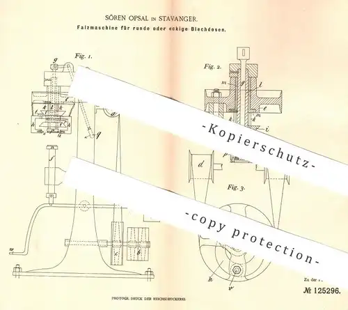 original Patent - Sören Opsal , Stavangar , 1900 , Falzmaschine für Blechdosen | Blech , Dose , Metall , Falzen !!