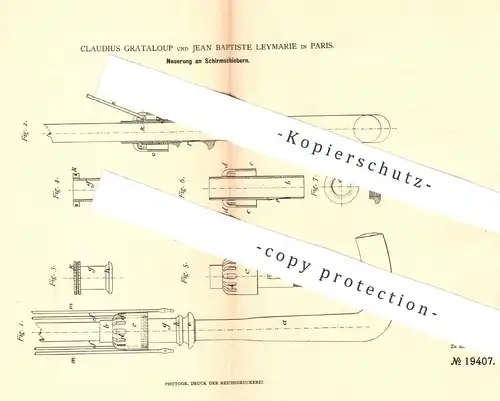 original Patent - Claudius Grataloup und Jean Baptiste Leymarie , Paris , Frankreich , 1882 , Schirmschieber | Schirm