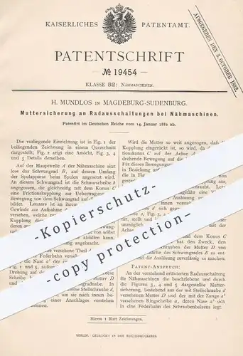original Patent - H. Mundlos , Magdeburg / Sudenberg , 1882 , Muttersicherung an Radausschaltungen bei Nähmaschinen !!
