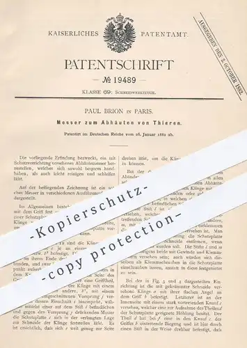 original Patent - Paul Brion , Paris , Frankreich , 1882 , Messer zum Abhäuten von Tieren | Abhäutemesser , Klinge !!