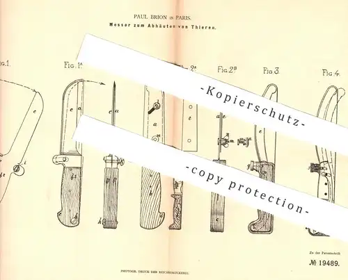 original Patent - Paul Brion , Paris , Frankreich , 1882 , Messer zum Abhäuten von Tieren | Abhäutemesser , Klinge !!