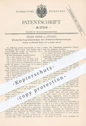 original Patent - Henry Pieper , Lüttich , 1883 , Sicherheitsgrubenlampe mit Elektrizitätserzeuger | Öl Lampe , Öllampe