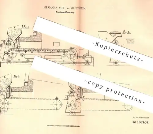 original Patent - Hermann Zutt , Mannheim  1901 , Wanderrostfeuerung | Feuerung , Röhrenkessel , Kessel , Heizung , Ofen