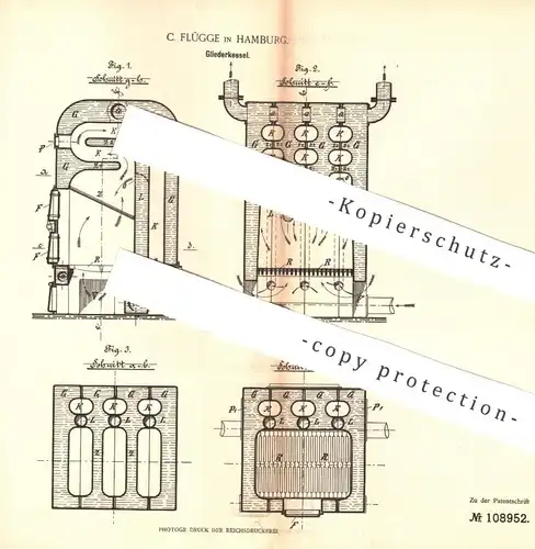 original Patent - C. Flügge , Hamburg , 1898 , Gliederkessel | Kessel , Heizkessel , Heizung , Feuerung , Ofen , Öfen !