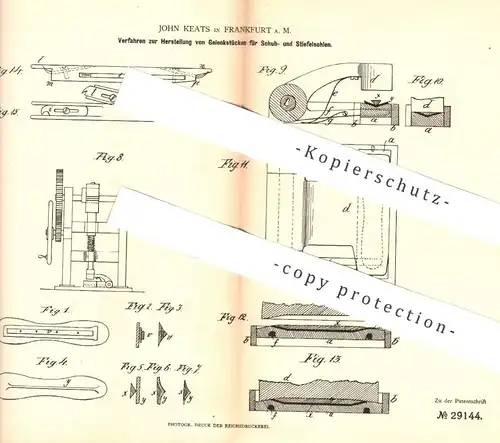 original Patent - John Keats , Frankfurt / Main , 1884 , Gelenkstücke für Schuhsohle , Stiefelsohle | Schuhe , Schuster