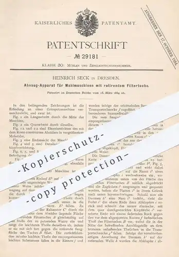 original Patent - Heinrich Seck , Dresden 1884 , Absaugapparat für Mahlmaschine | Mühle , Mühlen , Müller , Mehl , Gries