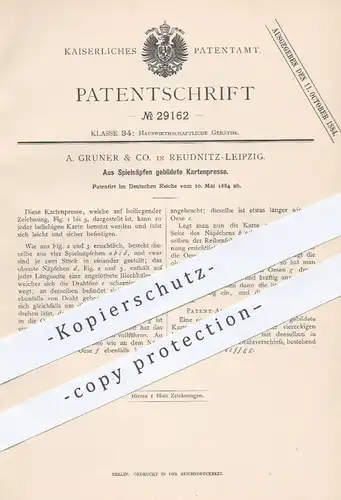 original Patent - A. Gruner & Co. , Leipzig / Reudnitz 1884 , Aus Spielnäpfen gebildete Kartenpresse | Presse für Karten