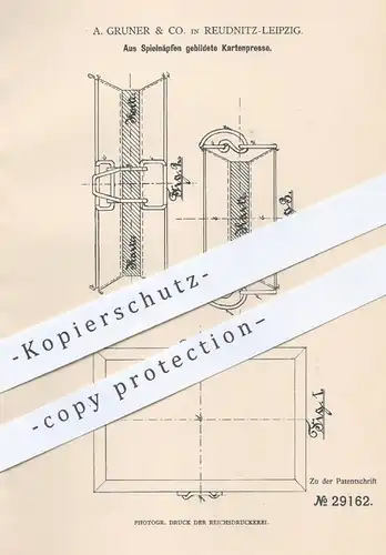 original Patent - A. Gruner & Co. , Leipzig / Reudnitz 1884 , Aus Spielnäpfen gebildete Kartenpresse | Presse für Karten