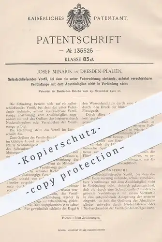 original Patent - Josef Minarik , Dresden / Plauen , 1901 , Selbstschließendes Ventil | Ventile , Ventilstange !!