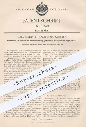 original Patent - Carl Philipp Ehmann , Manchester , 1901 , Bunsenrohr mit eingesetztem Metallstreifen | Bunsen Brenner