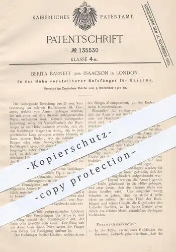 original Patent - Berita Barnett geb. Isaacson , London , 1901 , höhenverstellbarer Russfänger für Gasarme | Gas Brenner