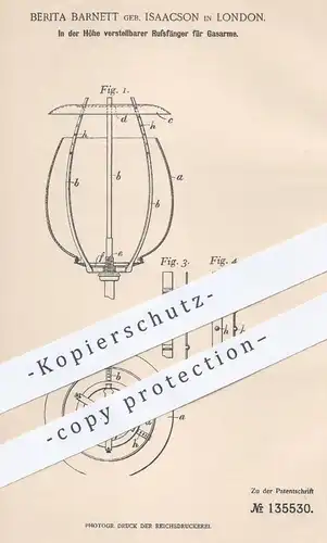 original Patent - Berita Barnett geb. Isaacson , London , 1901 , höhenverstellbarer Russfänger für Gasarme | Gas Brenner