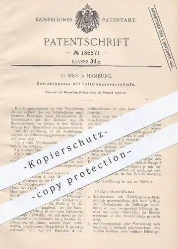 original Patent - O. Wex , Hamburg , 1902 , Schiebekasten mit Fallklappenverschluss | Kasten , Fallklappe , Klappe !!