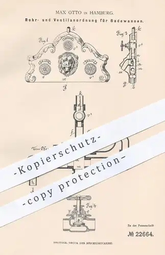 original Patent - Max Otto , Hamburg , 1882 , Anordnung der Rohre u. Ventile für Badewannen | Wasser , Klempner !!