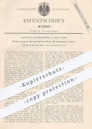 original Patent - Leopold Katzenstein , New York , 1882 , Dichtungsringe aus Metall | Dichtung für Kolbenstangen !!!