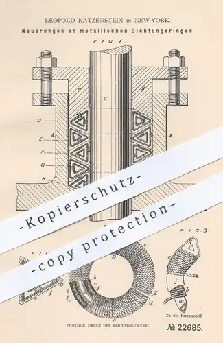 original Patent - Leopold Katzenstein , New York , 1882 , Dichtungsringe aus Metall | Dichtung für Kolbenstangen !!!