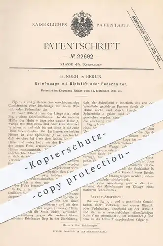original Patent - H. Noeh , Berlin , 1882 , Briefwaage mit Bleistift o. Federhalter | Brief , Waage , Füllhalter , Feder