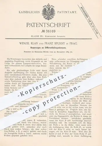 original Patent - Wenzel Klan , Franz Spurny , Prag , 1885 , Differentialbogenlampe | Bogenlampe , Lampe , Licht !!!