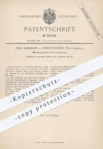 original Patent - Ferd. Kleemann , Obertürkheim , 1886 , Vorrichtung zum Messer putzen | Messerklinge , Polieren !!