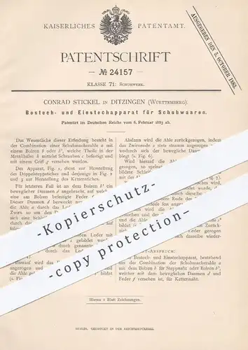 original Patent - Conrad Stickel , Ditzingen , 1883 , Schuhmacher - Ahle mit Bolzen für Schuhwerk | Schuh , Schuster !!