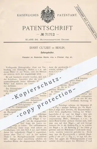 original Patent - Ernst Gutzeit , Berlin , 1893 , Zeitungshalter | Halter für Zeitung , Zeitschrift | Haushalt !!!