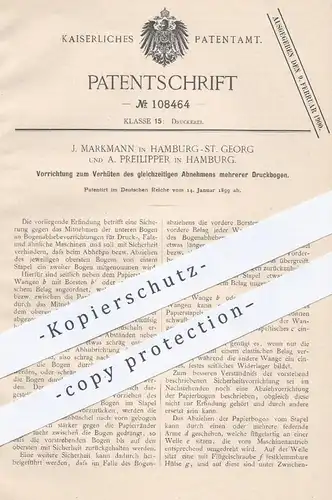 original Patent - J. Markmann , A. Preilipper , Hamburg St. Georg 1899 , Papierbogen in Druckmaschinen | Drucker , Druck