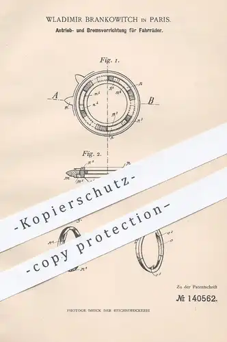 original Patent - Wladimir Brankowitch , Paris , 1901 , Antrieb u. Bremse für Fahrräder | Fahrrad , Bremsen , Kettenrad