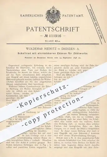 original Patent - Woldemar Heinitz , Dresden , 1898 , Schaltrad mit einrückbaren Zähnen für Zählwerk | Zahnrad , Zählen