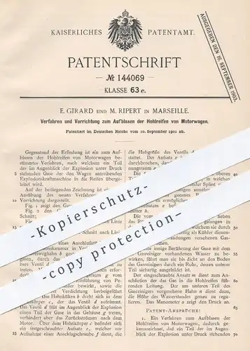 original Patent - E. Girard , M. Ripert , Marseille , 1902 , Aufblasen der Hohlreifen von Motorwagen | Reifen , Auto !!!