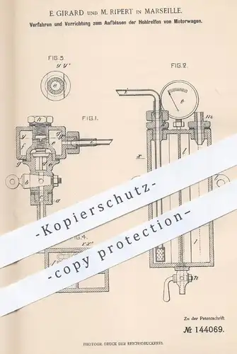 original Patent - E. Girard , M. Ripert , Marseille , 1902 , Aufblasen der Hohlreifen von Motorwagen | Reifen , Auto !!!