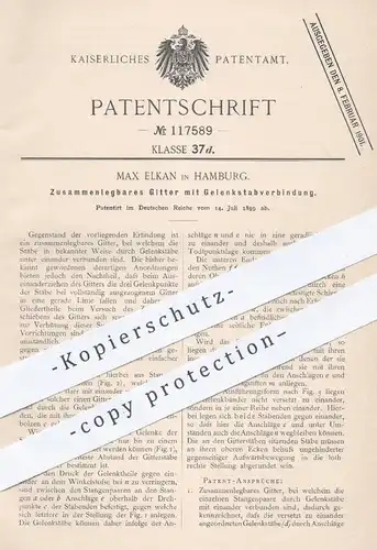 original Patent - Max Elkan , Hamburg , 1899 , Zusammenlegbares Gitter mit Gelenkstabverbindung | Transport , Gelenk !!