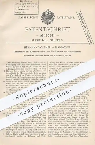 original Patent - Hermann Voltmer , Hannover , 1905 , Sensenhalter mit Schrauben zum Festklemmen der Sensenhamme | Sense