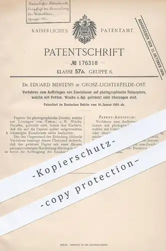 original Patent - Dr. Eduard Mertens , Grosz Lichterfelde Ost , 1903 , Aufbringen von Emulsionen auf Foto - Papier !!