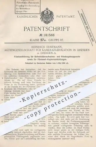 original Patent - Heinrich Ernemann , AG für Kamerafabrikation Dresden , 1906 , Filmbandführung für Bildaufnahmeapparate