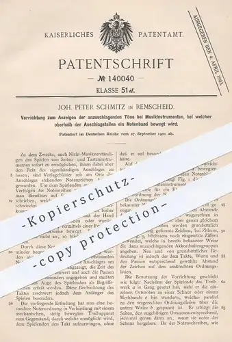 original Patent - Joh. Peter Schmitz , Remscheid , 1901 , Anzeigen der anzuschlagenden Töne am Musikinstrument | Noten