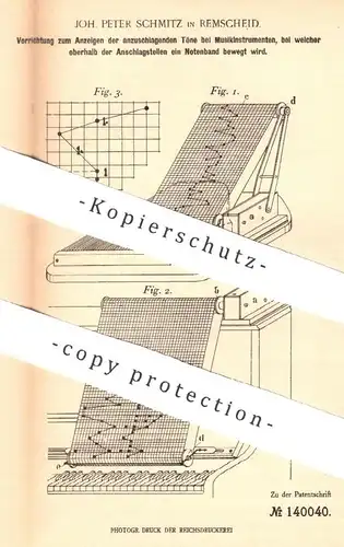 original Patent - Joh. Peter Schmitz , Remscheid , 1901 , Anzeigen der anzuschlagenden Töne am Musikinstrument | Noten