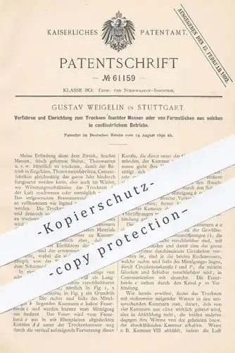 original Patent - Gustav Weigelin , Stuttgart , 1890 , Trocknen feuchter Massen wie Ton , Ziegel , Steine , Zement !!!