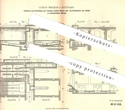 original Patent - Gustav Weigelin , Stuttgart , 1890 , Trocknen feuchter Massen wie Ton , Ziegel , Steine , Zement !!!