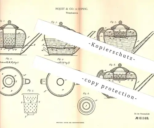original Patent - Riquet & Co. , Leipzig , 1891 , Teekanne | Kanne mit Filter für Tee , Kaffee | Geschirr | Glas !!!