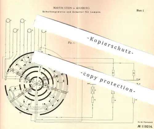 original Patent - Martin Stein , Augsburg , 1900 , Schaltungsweise und Schalter für Lampen | Lampe , Licht , Elektriker