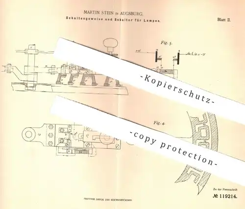 original Patent - Martin Stein , Augsburg , 1900 , Schaltungsweise und Schalter für Lampen | Lampe , Licht , Elektriker