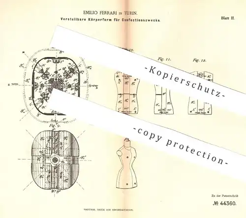 original Patent - Emilio Ferrari , Turin , Italien , 1887 , Verstellbare Körperform für Konfektionszwecke | Schneider !!