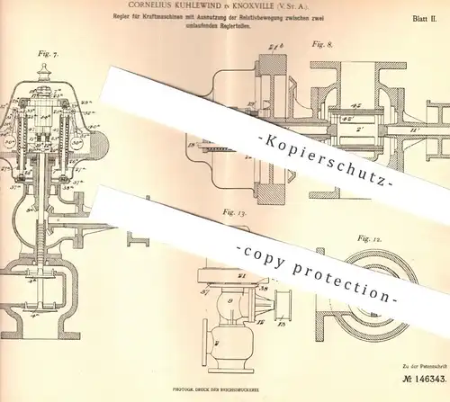 original Patent - Cornelius Kuhlewind , Knoxville , USA , 1902 , Regler für Kraftmaschinen | Dampfmaschine , Motor !!!