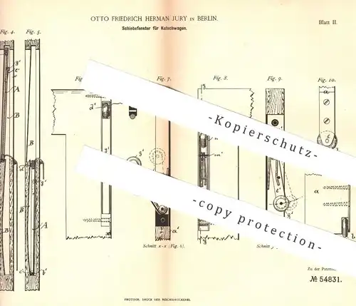 original Patent - Otto Friedrich Herman Jury , Berlin  1890 , Schiebefenster für Kutschwagen | Fenster , Kutsche , Wagen