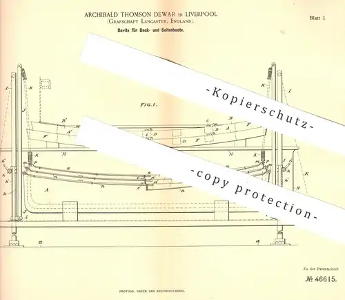 original Patent - Archibald Thomson Dewar , Liverpool , Lancaster England 1888 , Davit für Boot , Deckboot , Seitenboot