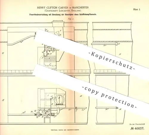 original Patent - Henry Clifton Carver , Manchester , Grafschaft Lancaster , England , 1888 ,  Feuerlöschvorrichtung !!